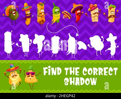 Trova l'ombra corretta dei personaggi del cibo messicano. Vector kids gioco di abbinamento con avocado, churros, burrito e jalapeno, peperoncino e tamales te Illustrazione Vettoriale