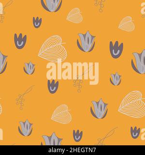 Motivo floreale senza cuciture con fiori grigi su sfondo giallo. Illustrazione Vettoriale