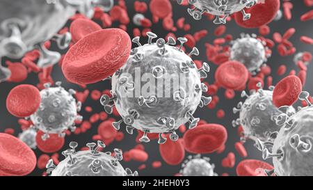 COVID19 il virus di Corona con la glicoproteina Spike galleggia sul flusso sanguigno con i globuli rossi in vascolare. 3D rendering . Foto Stock