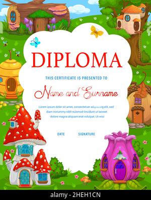 Diploma per bambini con case o abitazioni fantasy fairy. Certificato vettoriale cartoon da favola con tronchi di legno, funghi, boccioli di fiori e alveare o gnom di alberi Illustrazione Vettoriale