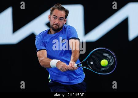 Sydney, Australia. 11th Jan 2022. Viktor Durasovic of Norway colpisce contro Andy Murray of Great Britain durante la prima partita al Sydney Tennis Classic 2022 presso il Sydney Olympic Park Tennis Center di Sydney, Australia, il 11 gennaio 2022. Foto di Peter Dovgan. Solo per uso editoriale, licenza richiesta per uso commerciale. Nessun utilizzo nelle scommesse, nei giochi o nelle pubblicazioni di un singolo club/campionato/giocatore. Credit: UK Sports Pics Ltd/Alamy Live News Foto Stock