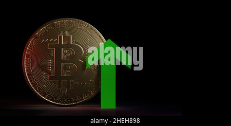 Un bitcoin d'oro che cresce nei mercati azionari internazionali. Freccia verde verso l'alto. 3D criptovaluta defi resa su sfondo scuro. Valuta Crypto. Foto Stock