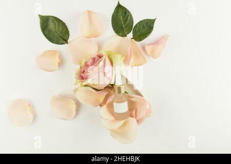 prodotto cosmetico naturale in bottiglia opaca di vetro bianco con pipetta su sfondo bianco con petali di rosa e boccioli di fiori. Mockup senza marchio Foto Stock