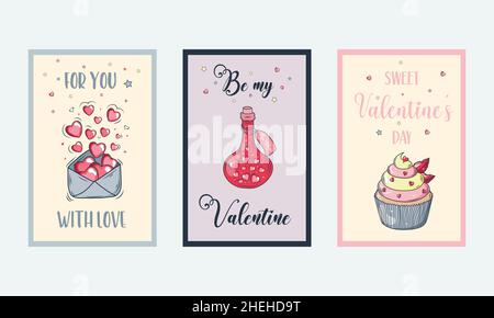 Set di biglietti di auguri romantici per San Valentino. Concetto di progettazione vettoriale per Valentines Day e altri utenti. Illustrazione Vettoriale