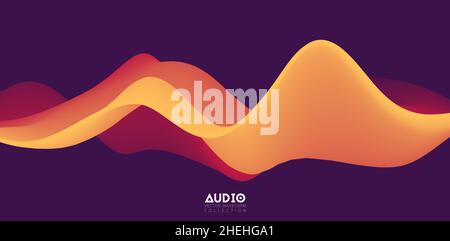 Visualizzazione delle onde sonore. Forma d'onda 3D arancione continua. Modello di esempio vocale. Illustrazione Vettoriale