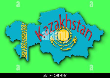 Bandiera del kazakistan sulla mappa con ombre sullo sfondo verde Foto Stock