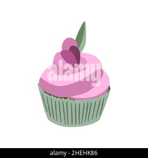 Cupcake cartoon con scaglie colorate e decorazione color crema rosa. Muffin isolati su sfondo bianco. Icona dessert illustrazione vettoriale, oggetto piatto d Illustrazione Vettoriale