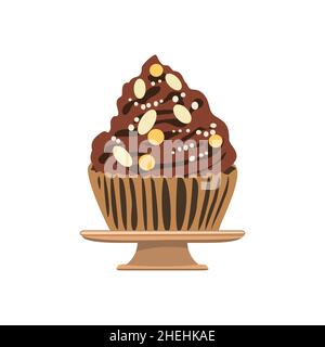 Cupcake al cioccolato cartoon con scaglie colorate e decorazione crema marrone in piatto. Muffin isolati su sfondo bianco. Icona dessert vettore illustre Illustrazione Vettoriale