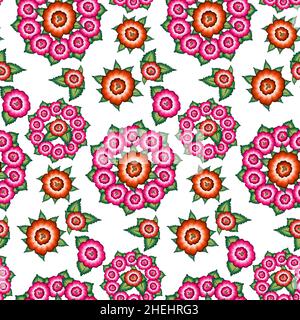 Ricamo floreale messicano senza cuciture, etnico colorato Mandala fiori nativi folk moda design. Ricamato stile tessile tradizionale Messico Illustrazione Vettoriale