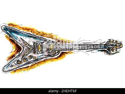 Chitarra acustica. Inchiostro bianco e nero doble disegno in legno taglio  con iscrizione Foto stock - Alamy