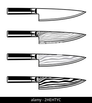 chefs coltello profilo linearet set damascus acciaio giapponese vettore isolato su sfondo bianco Illustrazione Vettoriale