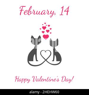 Simpatici gatti divertenti in amore, facendo un cuore dalle code isolato su sfondo bianco. Biglietto giornaliero per San Valentino. Illustrazione Vettoriale