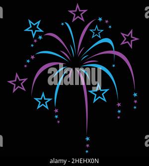 colorato fumetto stilizzato fuochi d'artificio blu viola isolato su sfondo nero Illustrazione Vettoriale
