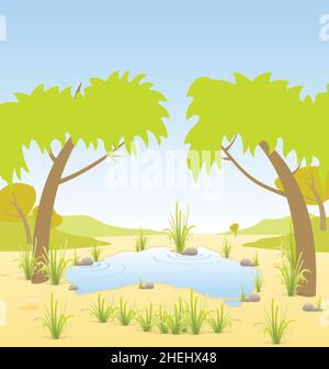 Cartoon australiano illustrato billabong acqua buco paesaggio vettore scena Illustrazione Vettoriale