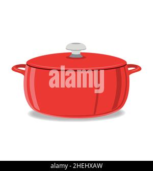 cuoci arrostiti in pentola rossa con coperchio isolato su sfondo bianco Illustrazione Vettoriale