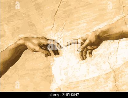 Michaelangelos pittura rinascimentale creazione di Adam dita mani primo piano vettore Illustrazione Vettoriale