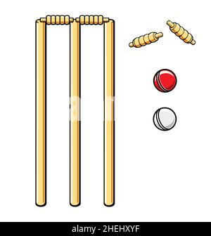 cartoon stilizzato cricket set puntelli e rosso e bianco palla vettore isolato su sfondo bianco Illustrazione Vettoriale