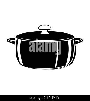 cuoci arrosto in pentola con coperchio nero e bianco silhouette vettoriale isolato su sfondo bianco Illustrazione Vettoriale