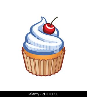 classico cartone animato yummy cupcake crema vaniglia condimento con torta dessert ciliegia vettore isolato su sfondo bianco Illustrazione Vettoriale