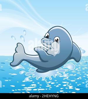 Felice carino sorridente delfino cartoon nell'illustrazione vettore oceano Illustrazione Vettoriale