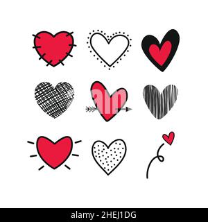 Illustrazione vettoriale di Doodle Heart Set isolata su sfondo bianco. Illustrazione Vettoriale