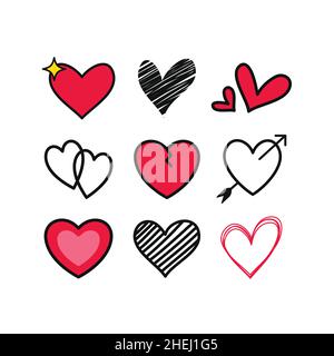 Illustrazione vettoriale di Doodle Heart Set isolata su sfondo bianco. Illustrazione Vettoriale