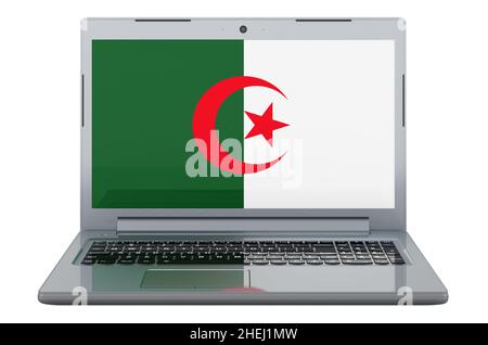 Bandiera algerina sullo schermo del computer portatile. 3D illustrazione isolata su sfondo bianco Foto Stock