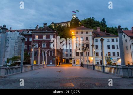 LUBIANA, SLOVENIA - 13 MAGGIO 2019: Ponte di Cobblers a Lubiana, Slovenia Foto Stock