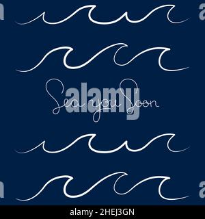 Semplici onde minimaliste e frase scritta disegnata a mano acqua lago fiume logo illustrazione vettoriale, design isolato su sfondo blu scuro Illustrazione Vettoriale