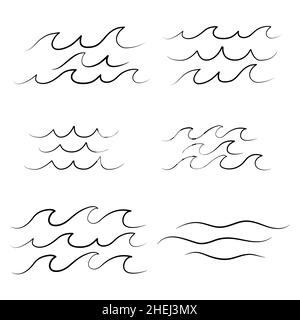 Set di sei diverse semplici onde minimaliste acqua lago fiume logo illustrazione vettoriale, bundle set collezione design isolato su backgroun bianco Illustrazione Vettoriale