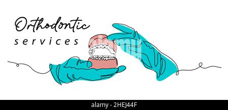 Banner, poster, sfondo per ufficio servizi ortodontici. Modello dentato con bretelle ortodontiche e mano in guanti medici. Una linea continua ART Illustrazione Vettoriale