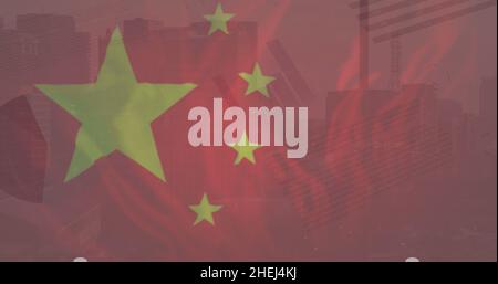 Immagine della bandiera della cina e del trattamento dei dati finanziari sulla città Foto Stock