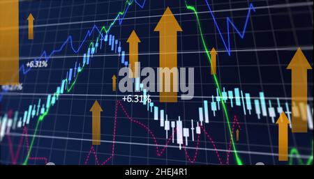 Immagine delle frecce sull'elaborazione dei dati finanziari Foto Stock