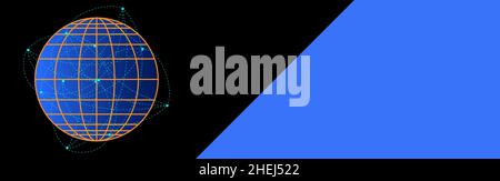 Banner nero e blu. Icona del globo. Connessioni di comunicazione globali in tutto il mondo. Tecnologia delle telecomunicazioni. Rete e trasmissione dati tramite cellulare p Illustrazione Vettoriale