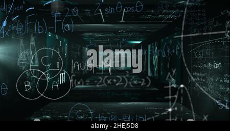 Immagine dell'elaborazione dei dati e delle equazioni matematiche su schermo Foto Stock
