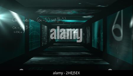 Immagine dell'elaborazione dei dati e delle equazioni matematiche su schermo Foto Stock