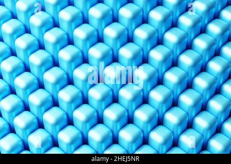 Illustrazione 3d di righe di quadrati blu .set di cubi su sfondo monocromo, pattern. Sfondo della geometria Foto Stock