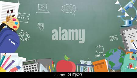 Immagine del testo del giorno di sostituzione felice sopra le icone degli elementi della scuola su sfondo verde Foto Stock