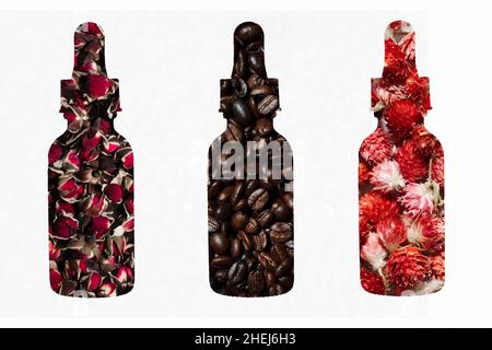 silhouette con taglio a siero sul caffè rosa e fondo isolato bianco amaranto globo. Fiori secchi cosmetici tè e medicina - antibatterico Foto Stock