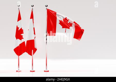 Illustrazione 3D della bandiera nazionale del Canada su un flagpole metallico che fluttering .simbolo del paese. Foto Stock