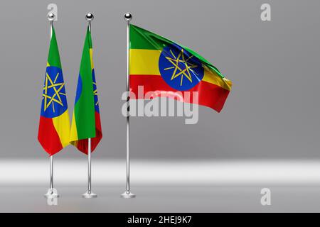 3D illustrazione della bandiera nazionale dell'Etiopia su un flagpole metallico che fluttering. Simbolo del paese. Foto Stock