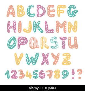 Stile bambini simpatico divertente carattere semplice colore, alfabeto infantile, lettere e numeri stilizzati con punti, strisce e forme d'onda illustrazione vettoriale Illustrazione Vettoriale
