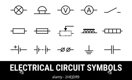 Set di simboli dei circuiti elettrici. Elementi delle icone piatte. Lampada, amperometro e voltmetro, campana, morsetto, batteria a resistenza e cella, elemento riscaldante, elettro Illustrazione Vettoriale