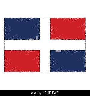 Bandiera disegnata a mano della Repubblica Dominicana. Icona vettore stile doodle Illustrazione Vettoriale