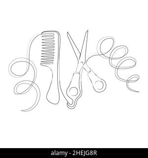 Pettine e forbici. Set per parrucchieri. Disegnato in una linea. Illustrazione del vettore di scorta isolato Illustrazione Vettoriale