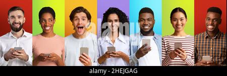 Offerta WOW. Sorprende la gente millennial multirazziale usando i cellulari, posando e guardando la macchina fotografica su sfondi colorati Foto Stock