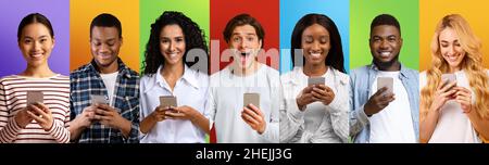 Emotivo diverse persone millennial utilizzando telefoni cellulari, giovani uomini e donne che leggono notizie fresche, collage creativo Foto Stock