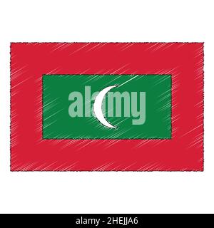 Bandiera disegnata a mano di Maldive. Icona vettore stile Doodle Illustrazione Vettoriale