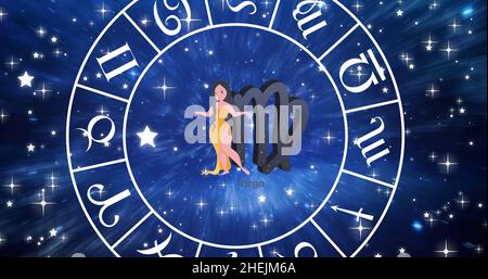 Immagine del segno della stella di virgo all'interno della ruota rotante dei segni zodiacali sopra le stelle sul cielo blu Foto Stock