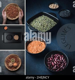 Legumi. Collage di quattro immagini. Legumi secchi vari - fagioli, lenticchie, fagioli mungo e ceci. Oscuro e moody. Post sui social media. Foto Stock